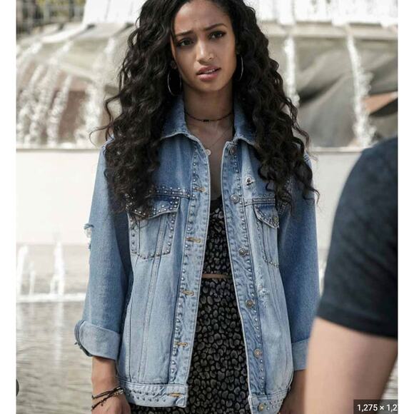 Free People Studded Oversized Denim Trucker Jacket Medium Distressed Blue Boho - Picture 5 of 13